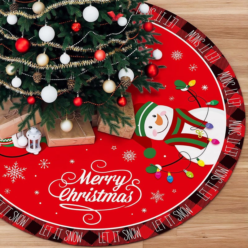PERFQU 48 Inch Merry Christmas Tree Skirt - Large Red Xmas Tree Skirts Mat Decoration, Cute Winter Snowman Round Skirt for Indoor Outdoor Home Christmas Tree Decorations Holiday Party Decor - Image 1
